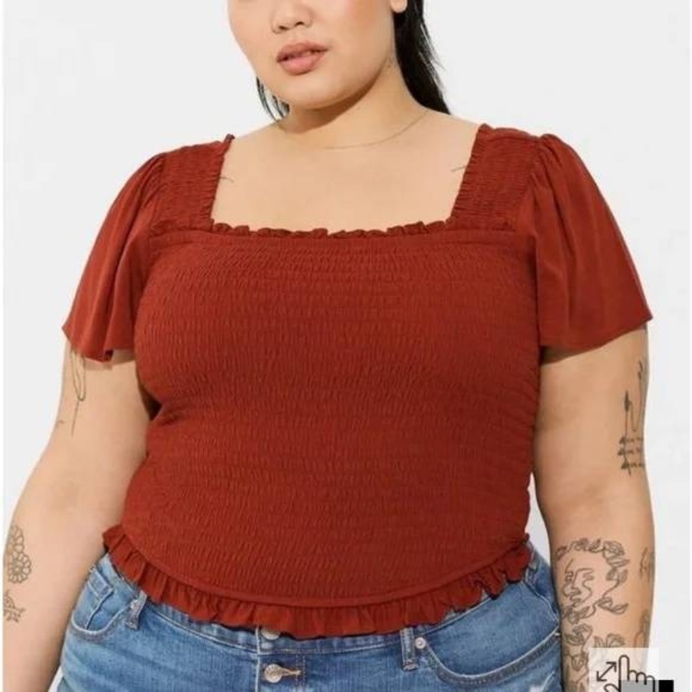 Torrid Rust Red Smocked Flutter Sleeve Crop Top Square Neck‎ Plus Size 2 (2X)